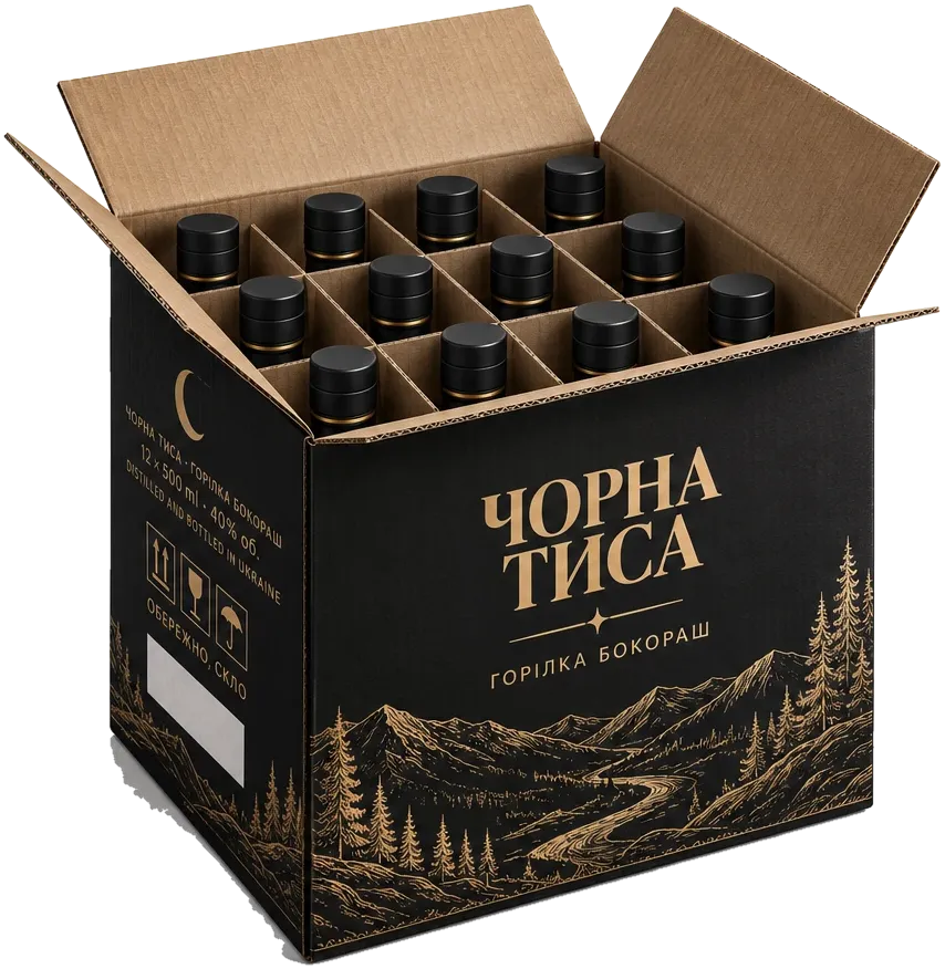 Відкритий чорний ящик «Чорна Тиса» з дванадцятьма пляшками в картонних перегородках